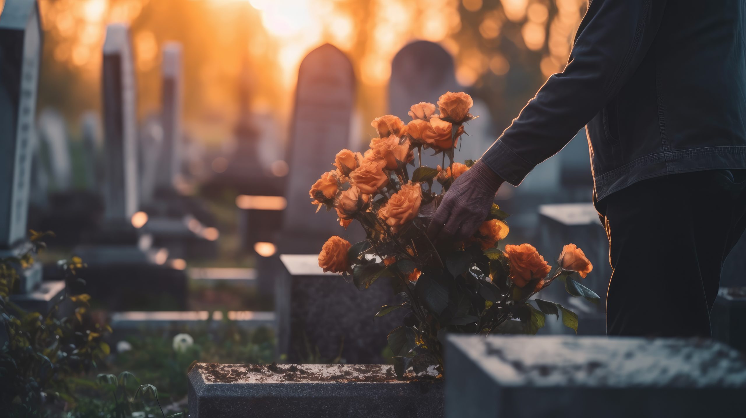 Person leaving flowers on cemetery grave